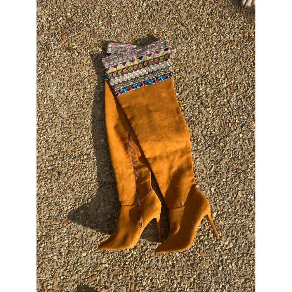 Anna Michelle Thigh High Boots Women 8 Tan Good Embroidered Sequin Boho Stiletto